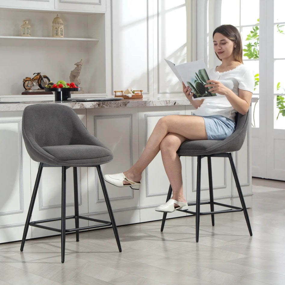 2er-Set Barhocker Grau – Tresenstühle mit Cordbezug, Drehbar, Stahlbeine (Sitzhöhe 65 cm)