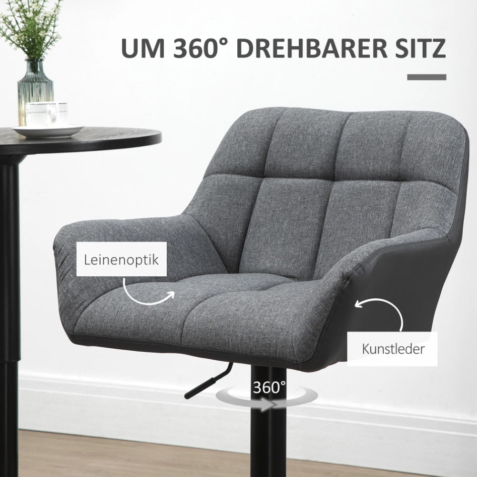 2er-Set Barhocker Grau – Höhenverstellbar, Drehbar, Retro-Design Kunstleder/Leinen-Optik (64–85 cm)