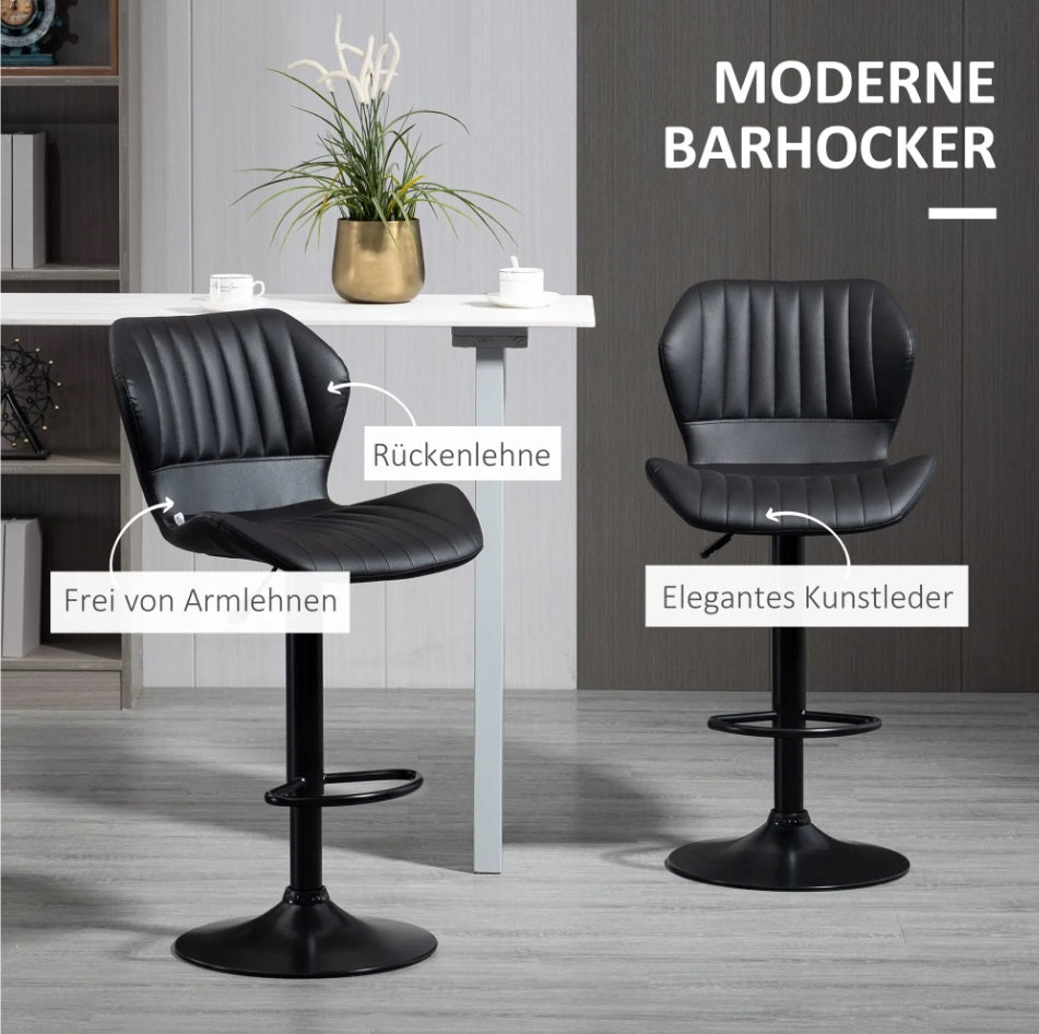 2er Barhocker Set Schwarz – Höhenverstellbar, Drehbar, Kunstleder mit Muschel-Rückenlehne (61–81 cm)