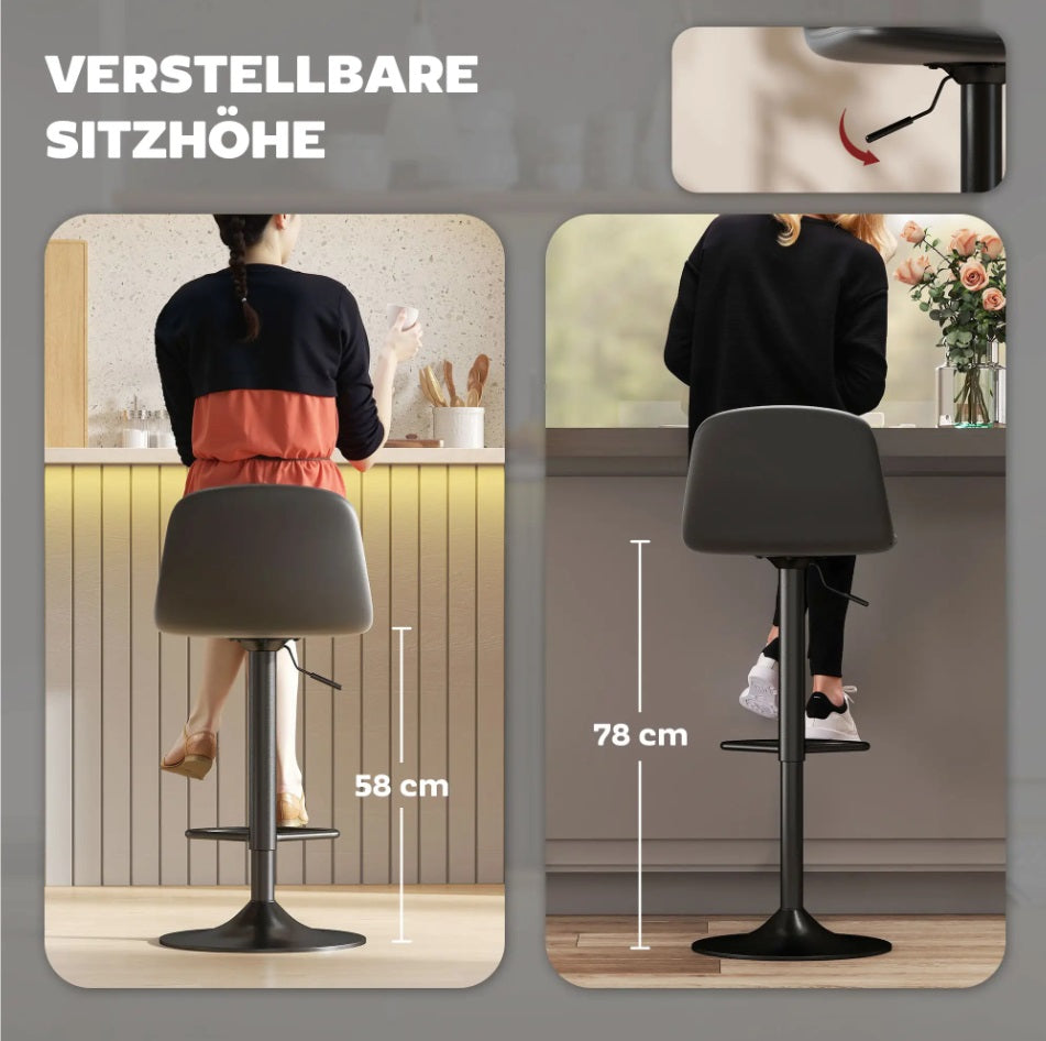 2er Barhocker Set Schwarz – Höhenverstellbar (58–78 cm), Drehbar, Kunstleder, mit Rückenlehne