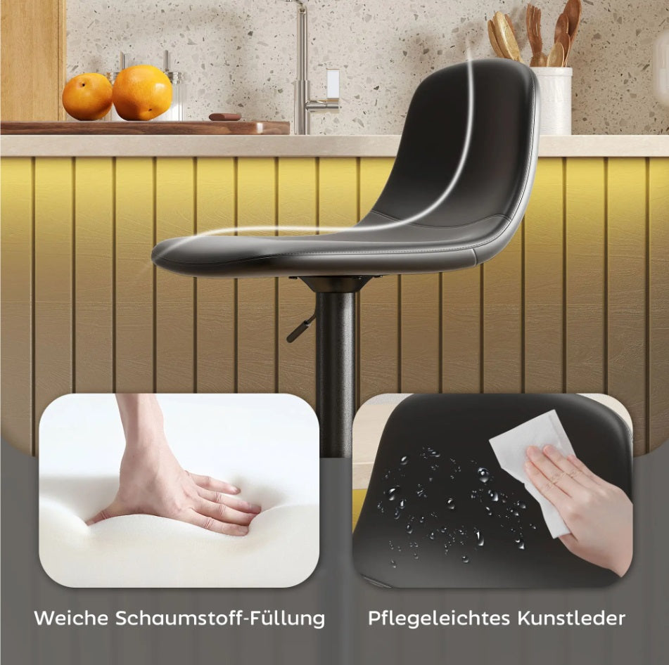 2er Barhocker Set Schwarz – Höhenverstellbar (58–78 cm), Drehbar, Kunstleder, mit Rückenlehne
