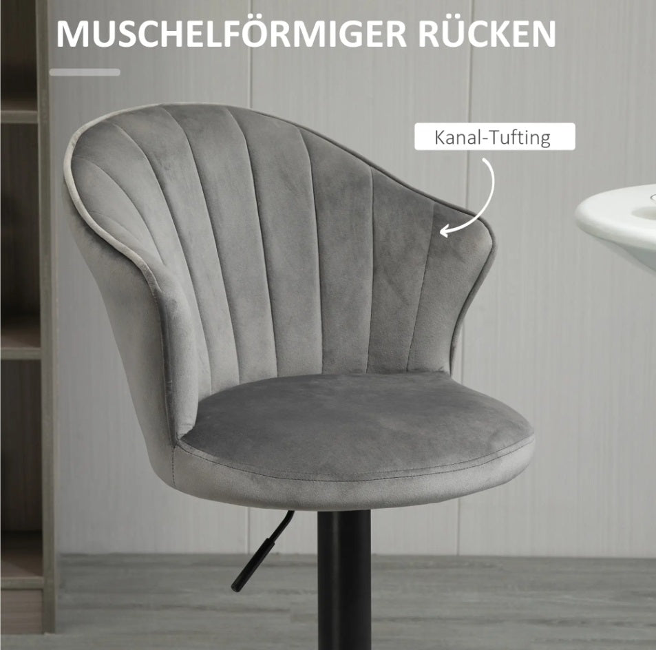 2er Barhocker Set Grau – Samt-Optik, Höhenverstellbar & 360° Drehbar, Diamanttufting
