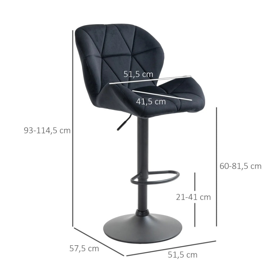 2er Barhocker Set Schwarz – Samt-Optik, Höhenverstellbar & 360° Drehbar, Diamanttufting