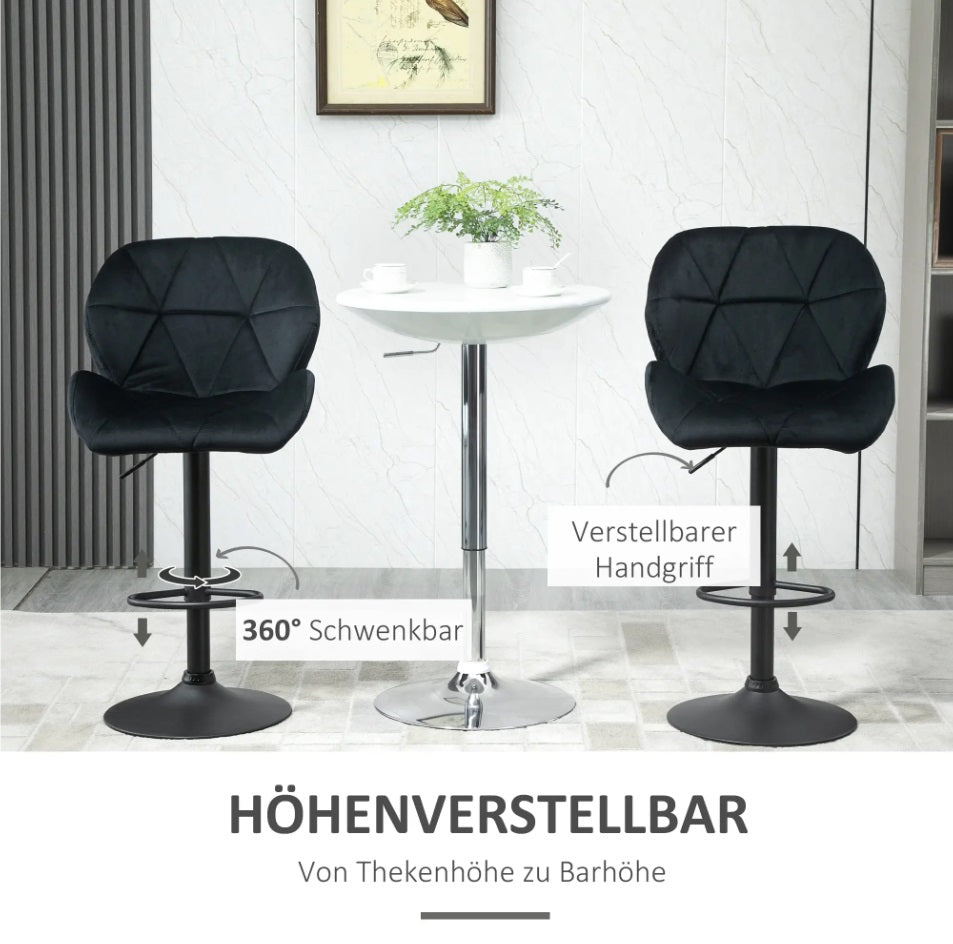 2er Barhocker Set Schwarz – Samt-Optik, Höhenverstellbar & 360° Drehbar, Diamanttufting
