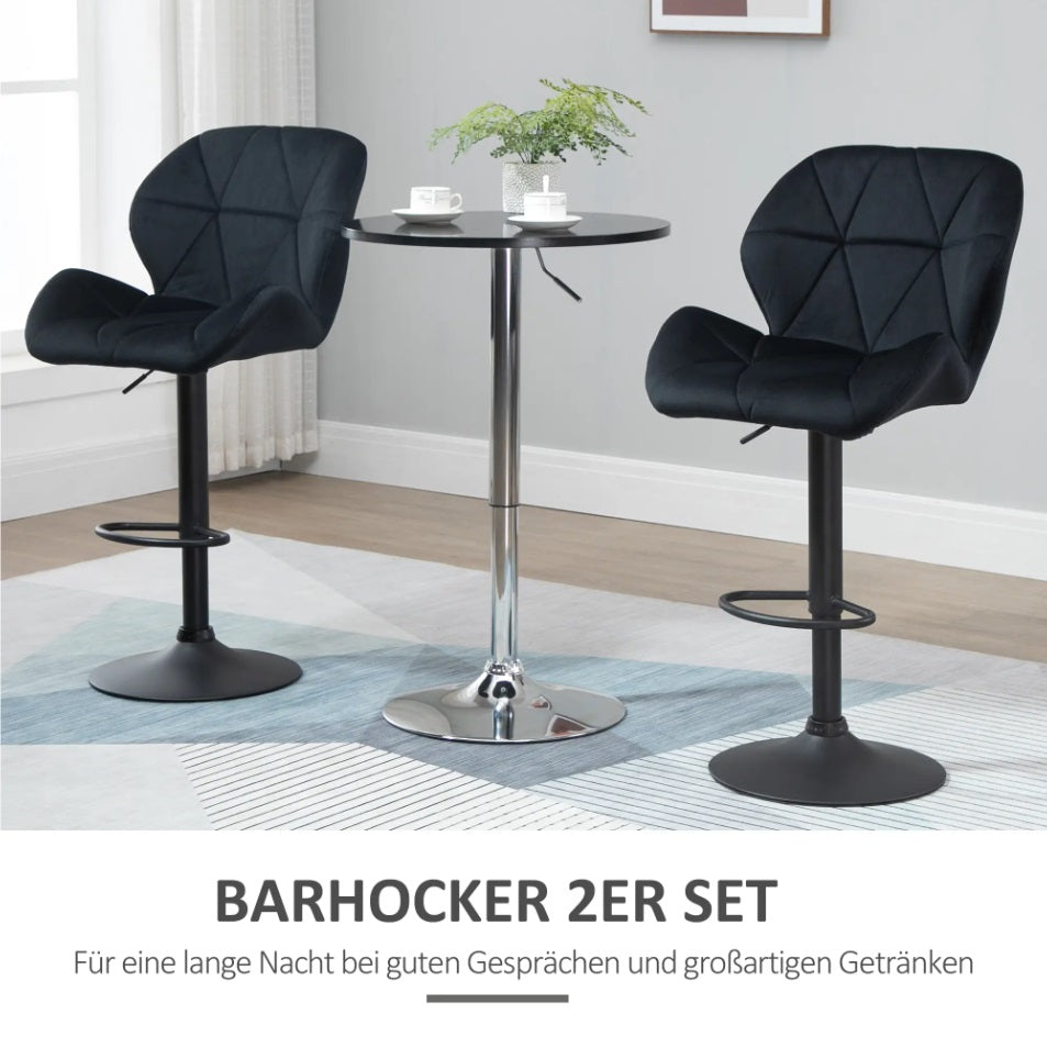 2er Barhocker Set Schwarz – Samt-Optik, Höhenverstellbar & 360° Drehbar, Diamanttufting