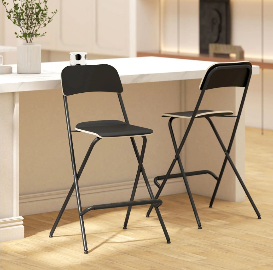 2er Barhocker Set Schwarz – Klappbar, Platzsparend, Feste Sitzhöhe 63 cm, Stahlrahmen