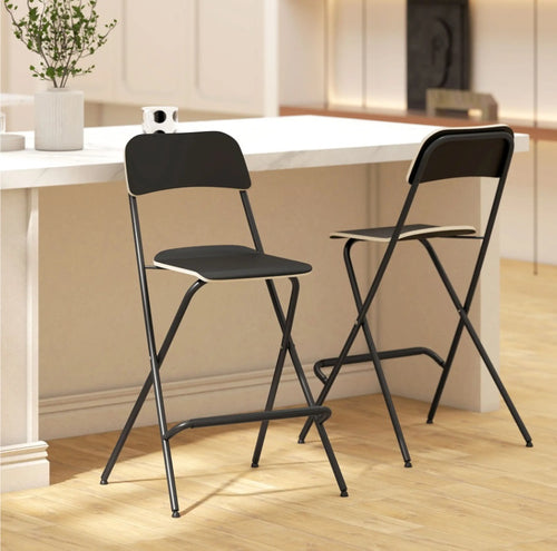 2er Barhocker Set Schwarz – Klappbar, Platzsparend, Feste Sitzhöhe 63 cm, Stahlrahmen