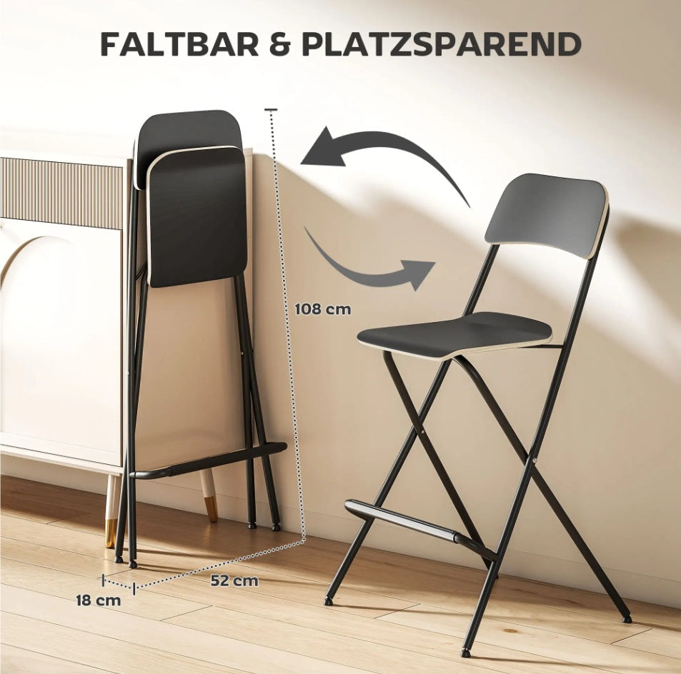 2er Barhocker Set Schwarz – Klappbar, Platzsparend, Feste Sitzhöhe 63 cm, Stahlrahmen