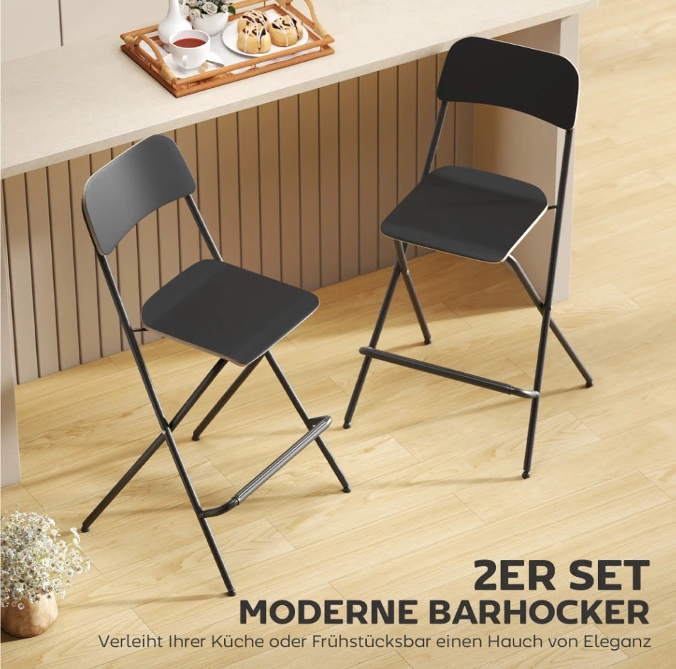 2er Barhocker Set Schwarz – Klappbar, Platzsparend, Feste Sitzhöhe 63 cm, Stahlrahmen