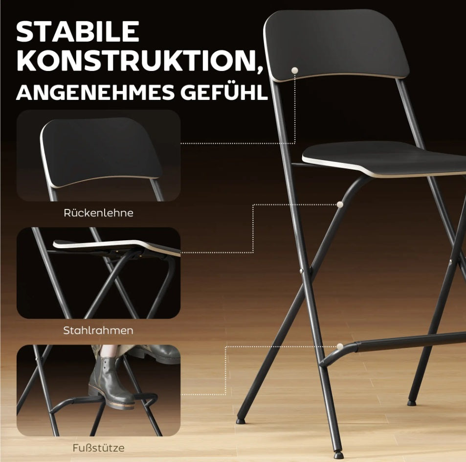 2er Barhocker Set Schwarz – Klappbar, Platzsparend, Feste Sitzhöhe 63 cm, Stahlrahmen