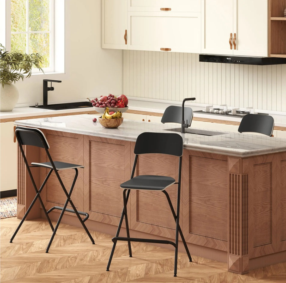 2er Barhocker Set Schwarz – Klappbar, Platzsparend, Feste Sitzhöhe 63 cm, Stahlrahmen