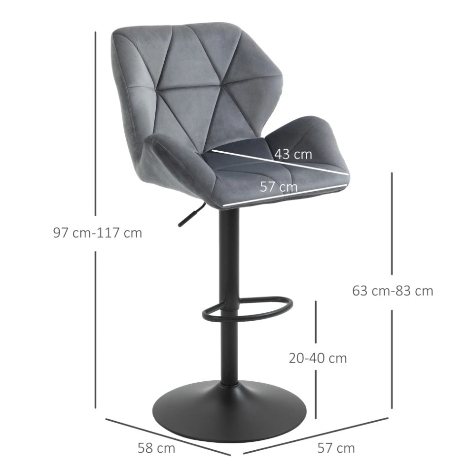 2er Barhocker Set Blau – Samt-Optik, Höhenverstellbar (63–83 cm), 360° Drehbar, Metallgestell