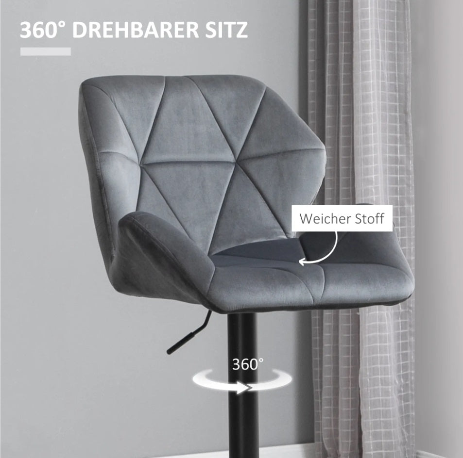 2er Barhocker Set Blau – Samt-Optik, Höhenverstellbar (63–83 cm), 360° Drehbar, Metallgestell