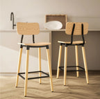 2er Barhocker Set Hellbraun – Holzoptik, Stahlrahmen Schwarz, mit Rückenlehne (Sitzhöhe 65 cm)