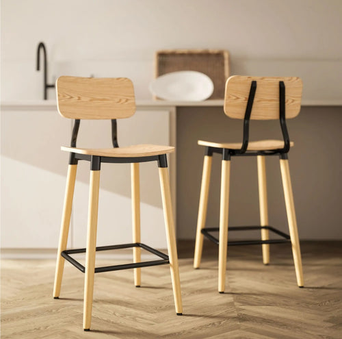 2er Barhocker Set Hellbraun – Holzoptik, Stahlrahmen Schwarz, mit Rückenlehne (Sitzhöhe 65 cm)