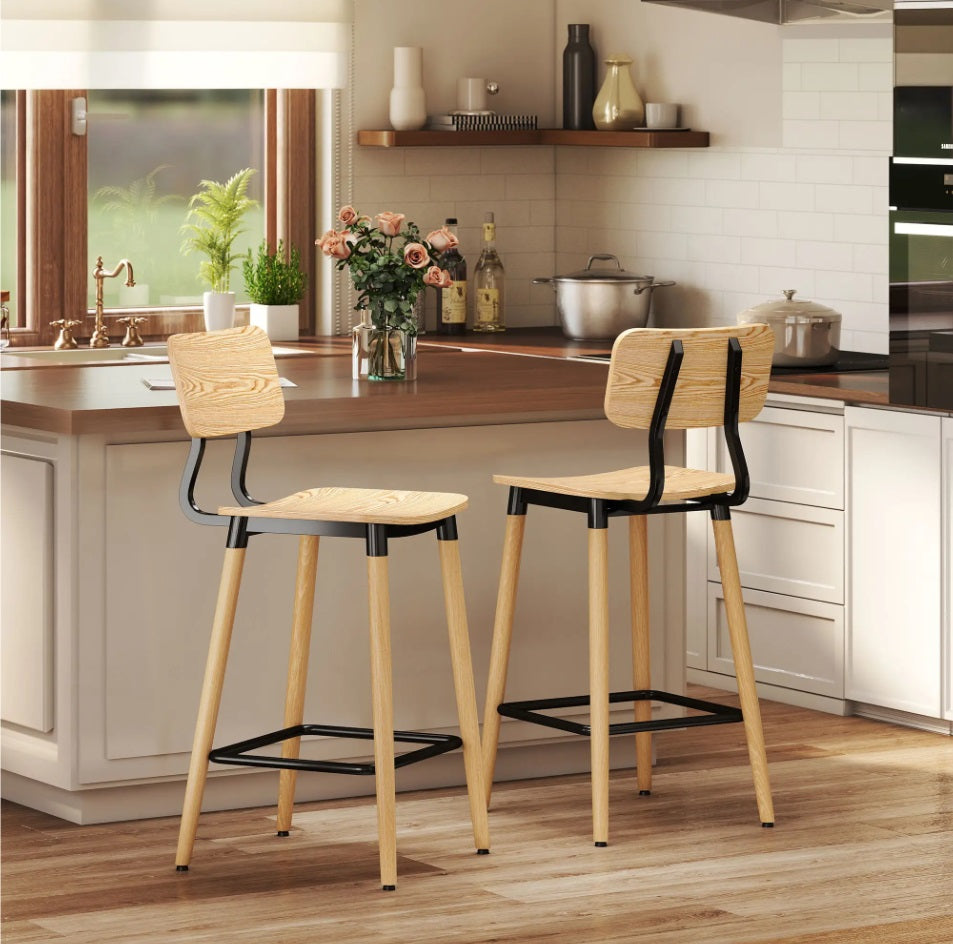 2er Barhocker Set Hellbraun – Holzoptik, Stahlrahmen Schwarz, mit Rückenlehne (Sitzhöhe 65 cm)