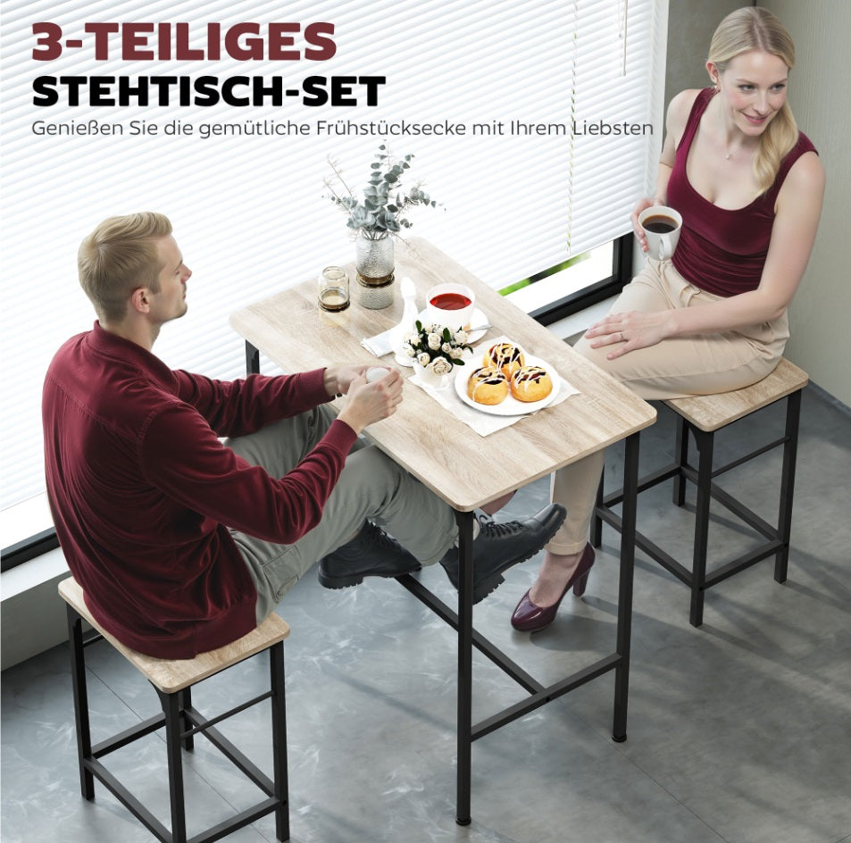 3-teiliges Bartisch-Set Industrial Naturholz – Stehtisch (80x50 cm) mit 2 Hockern, Platzsparend