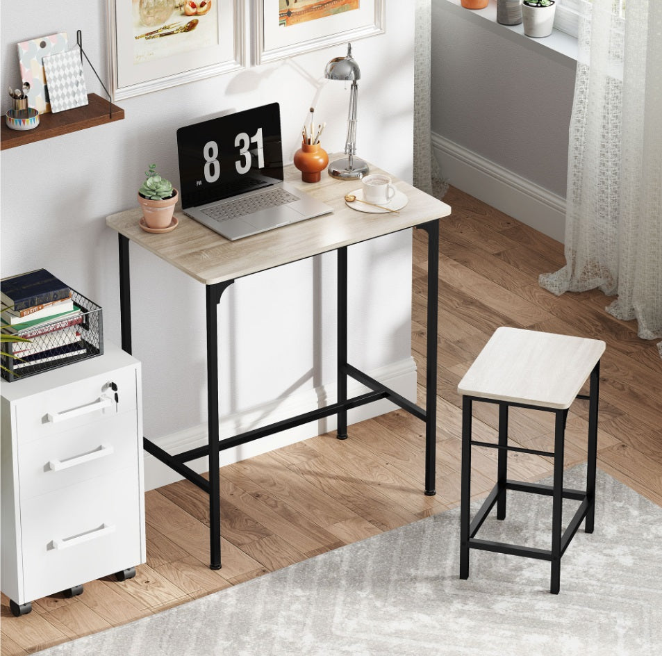 3-teiliges Bartisch-Set Industrial Naturholz – Stehtisch (80x50 cm) mit 2 Hockern, Platzsparend