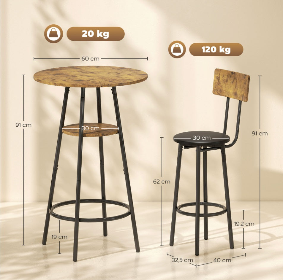 3-teiliges Bartisch-Set Industrial – 2 Gepolsterte Hocker mit Lehne & 2-stufiger Tisch