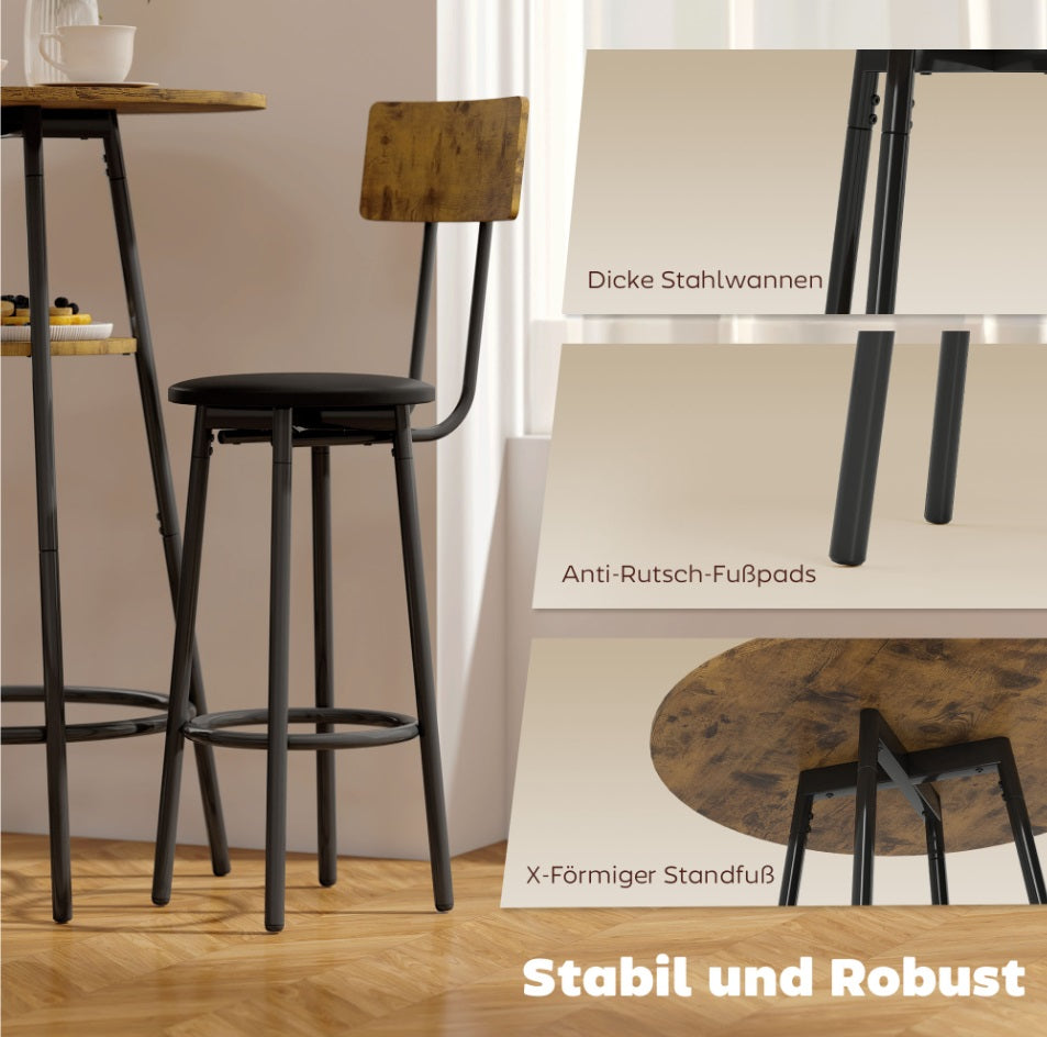 3-teiliges Bartisch-Set Industrial – 2 Gepolsterte Hocker mit Lehne & 2-stufiger Tisch