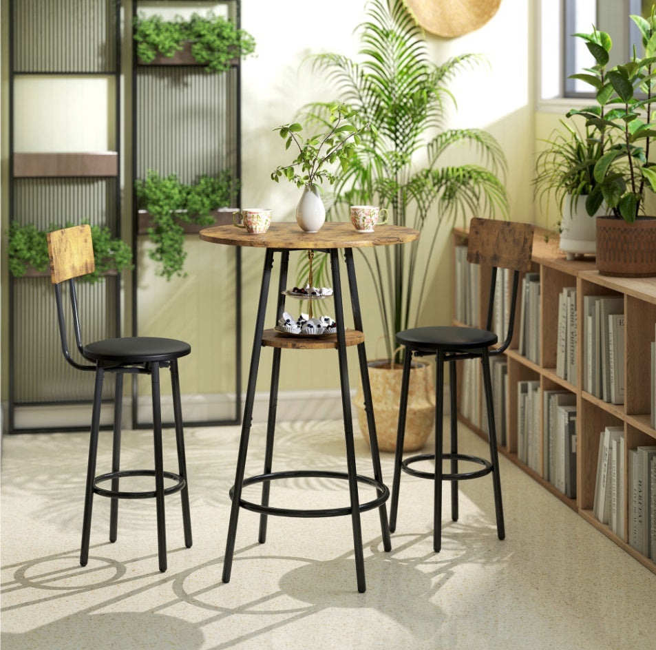 3-teiliges Bartisch-Set Industrial – 2 Gepolsterte Hocker mit Lehne & 2-stufiger Tisch