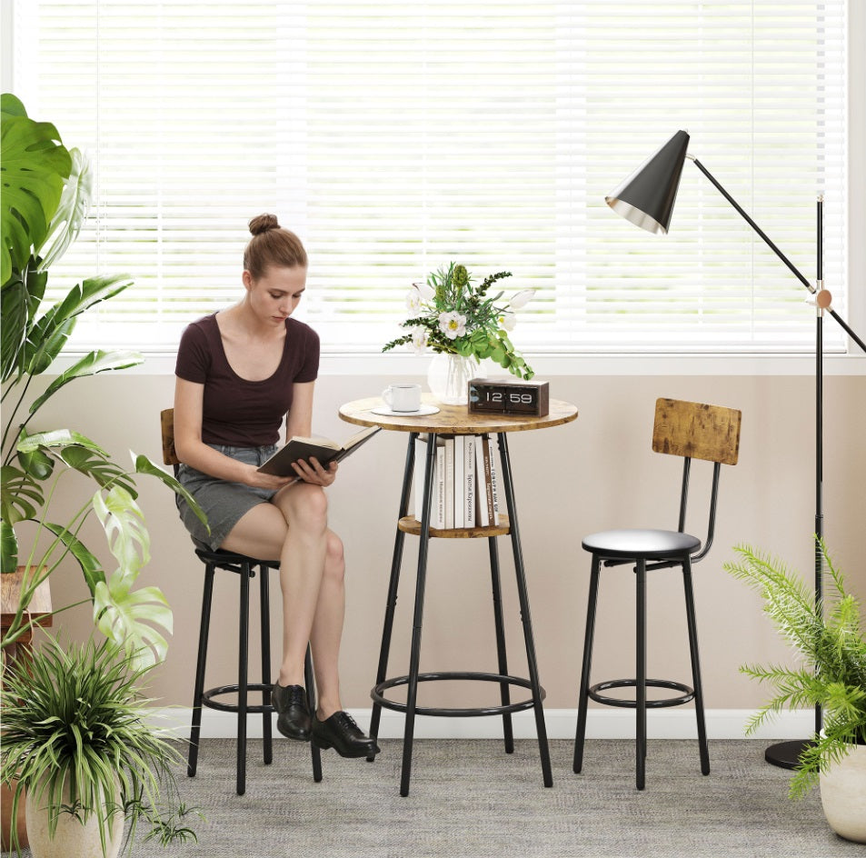 3-teiliges Bartisch-Set Industrial – 2 Gepolsterte Hocker mit Lehne & 2-stufiger Tisch