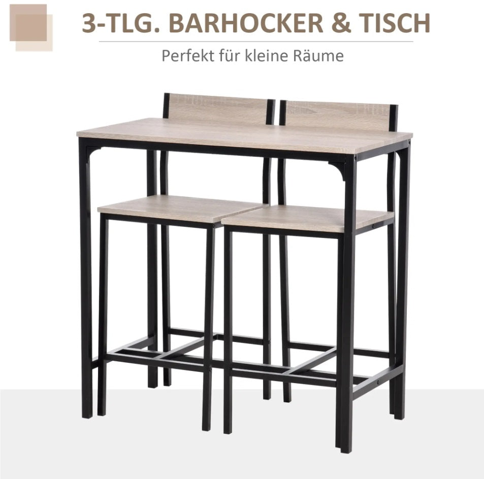 3-teiliges Bar-Set Natur/Schwarz – Stehtisch & 2 Barstühle mit Hoher Rückenlehne, Outdoor