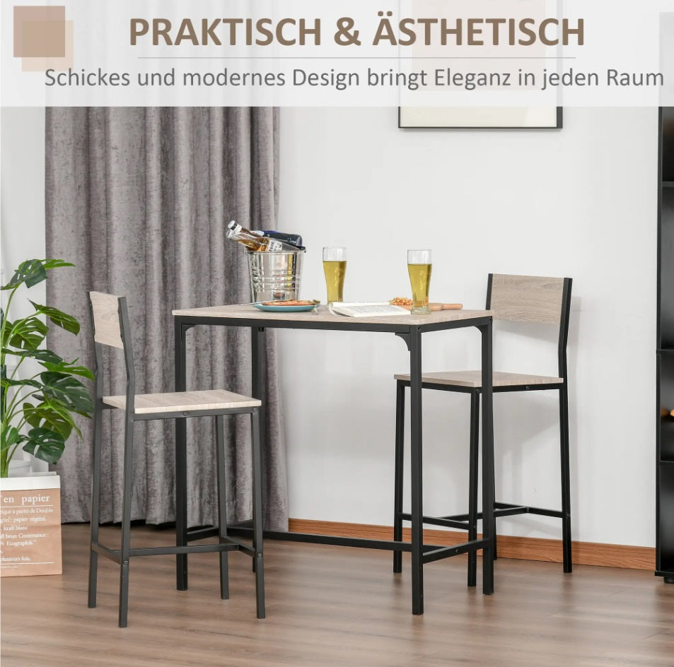 3-teiliges Bar-Set Natur/Schwarz – Stehtisch & 2 Barstühle mit Hoher Rückenlehne, Outdoor