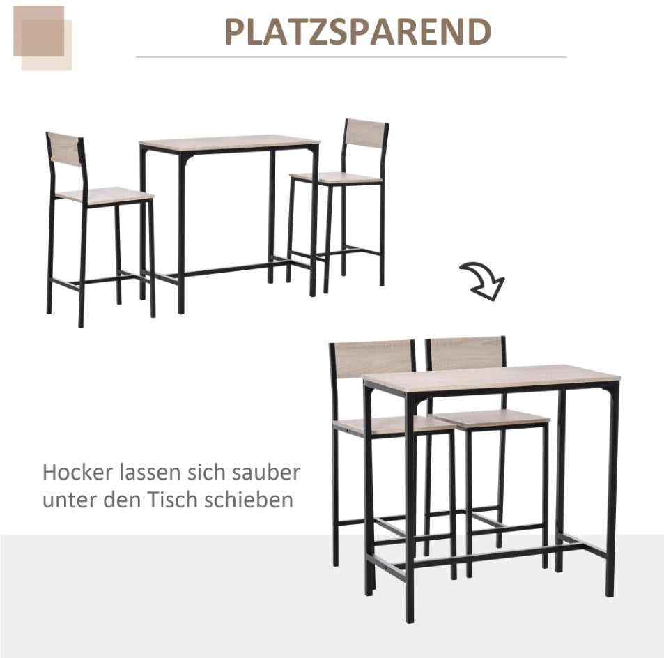 3-teiliges Bar-Set Natur/Schwarz – Stehtisch & 2 Barstühle mit Hoher Rückenlehne, Outdoor