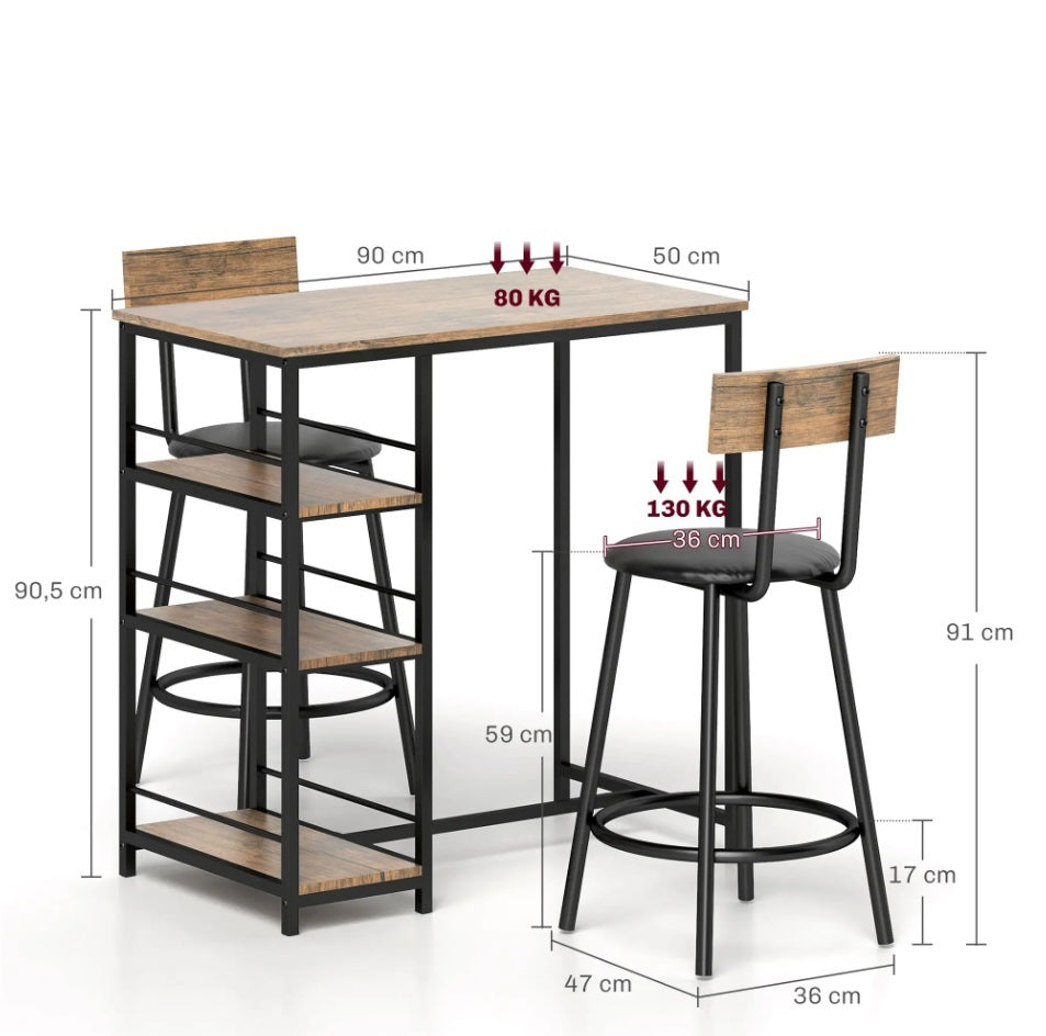 3-teiliges Bartisch-Set Eiche/Schwarz – Stehtisch mit 3 Seitlichen Regalen & 2 Gepolsterten Stühlen