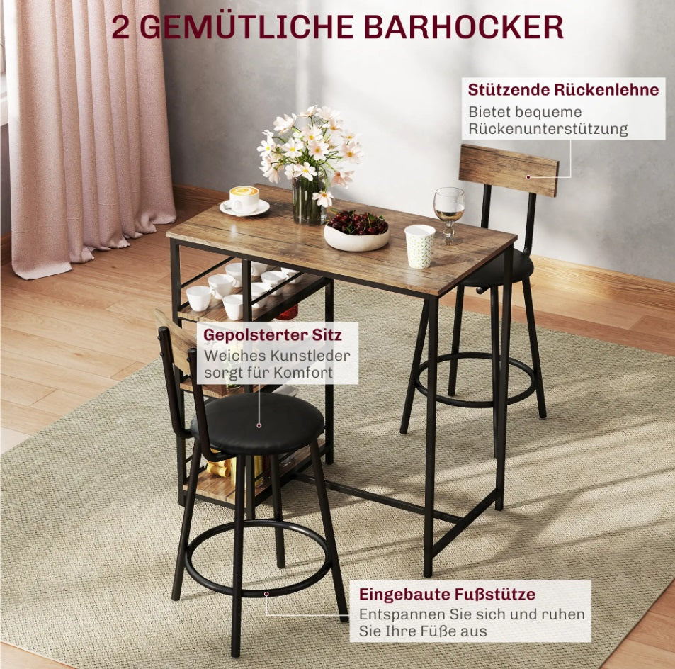 3-teiliges Bartisch-Set Eiche/Schwarz – Stehtisch mit 3 Seitlichen Regalen & 2 Gepolsterten Stühlen