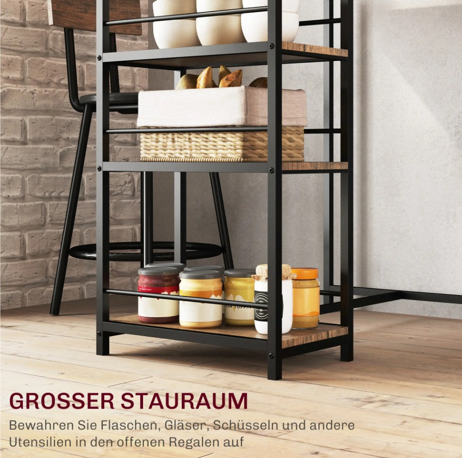 3-teiliges Bartisch-Set Eiche/Schwarz – Stehtisch mit 3 Seitlichen Regalen & 2 Gepolsterten Stühlen