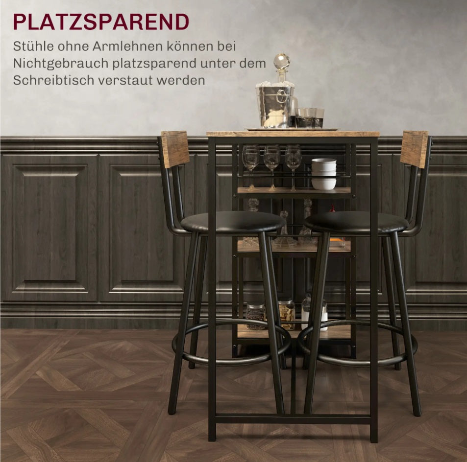 3-teiliges Bartisch-Set Eiche/Schwarz – Stehtisch mit 3 Seitlichen Regalen & 2 Gepolsterten Stühlen
