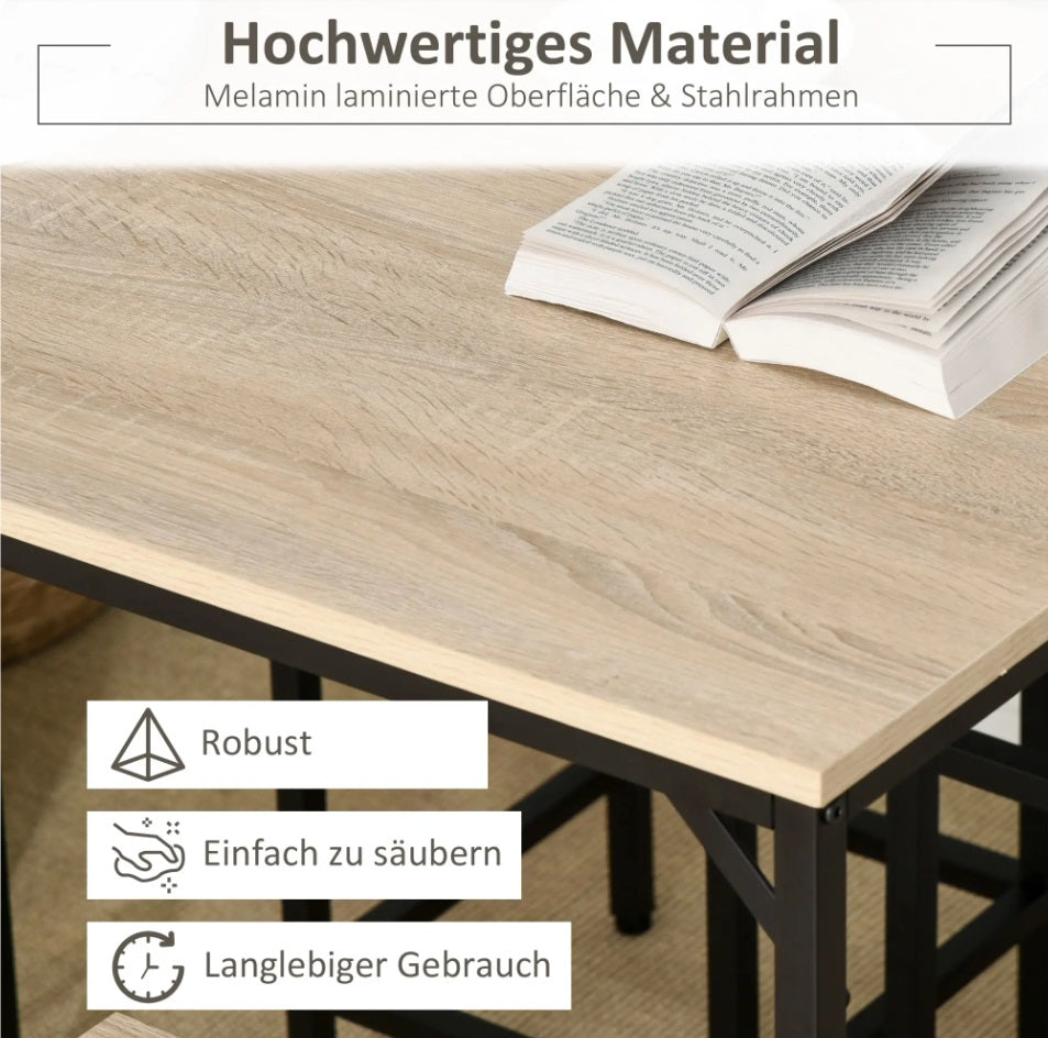 5-teiliges Bartisch-Set Eiche/Schwarz – Stehtisch & 4 Hocker, Platzsparend (100x60 cm)