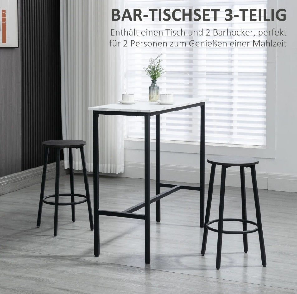 3-teiliges Bar-Set für 2 Personen – Weißer Marmoroptik Tisch (100x40 cm) & 2 Hocker