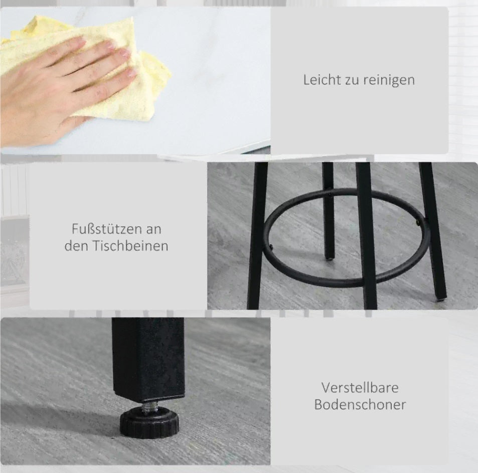 3-teiliges Bar-Set für 2 Personen – Weißer Marmoroptik Tisch (100x40 cm) & 2 Hocker