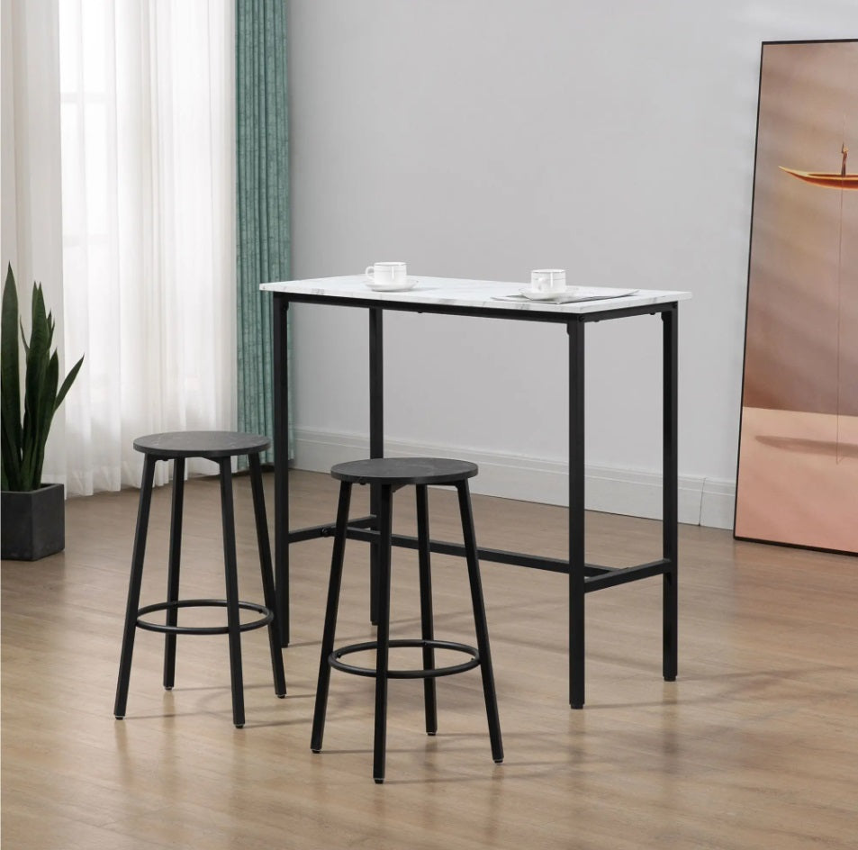 3-teiliges Bar-Set für 2 Personen – Weißer Marmoroptik Tisch (100x40 cm) & 2 Hocker