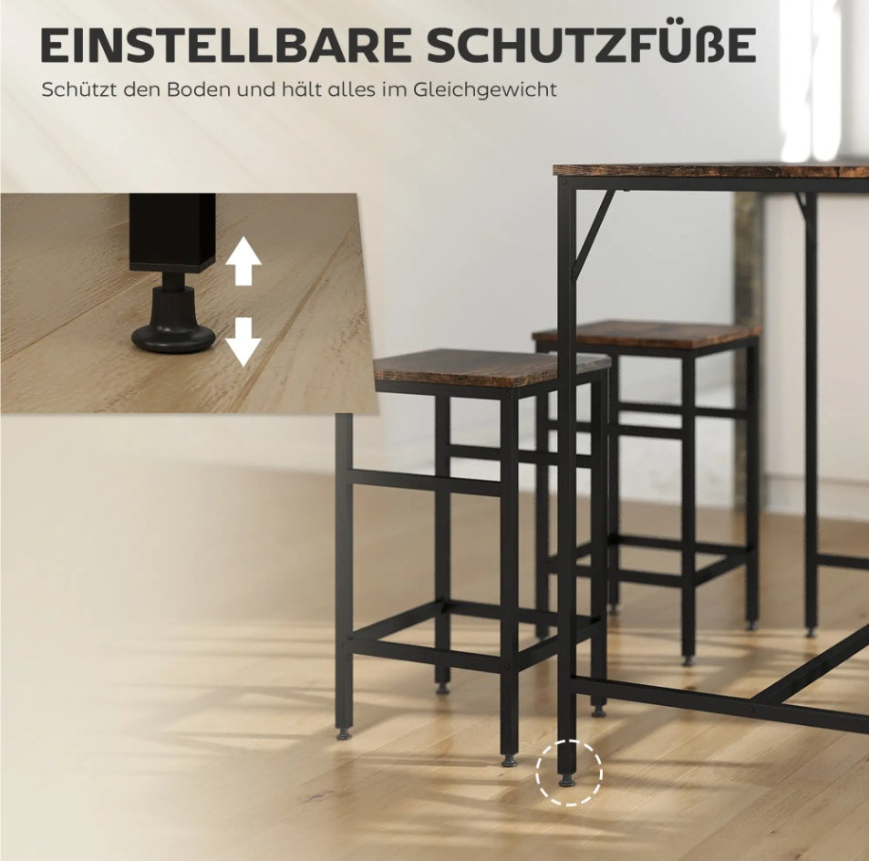 5-teiliges Bartisch-Set Rustikal-Braun/Schwarz – Stehtisch & 4 Hocker, Platzsparend (100x60 cm)