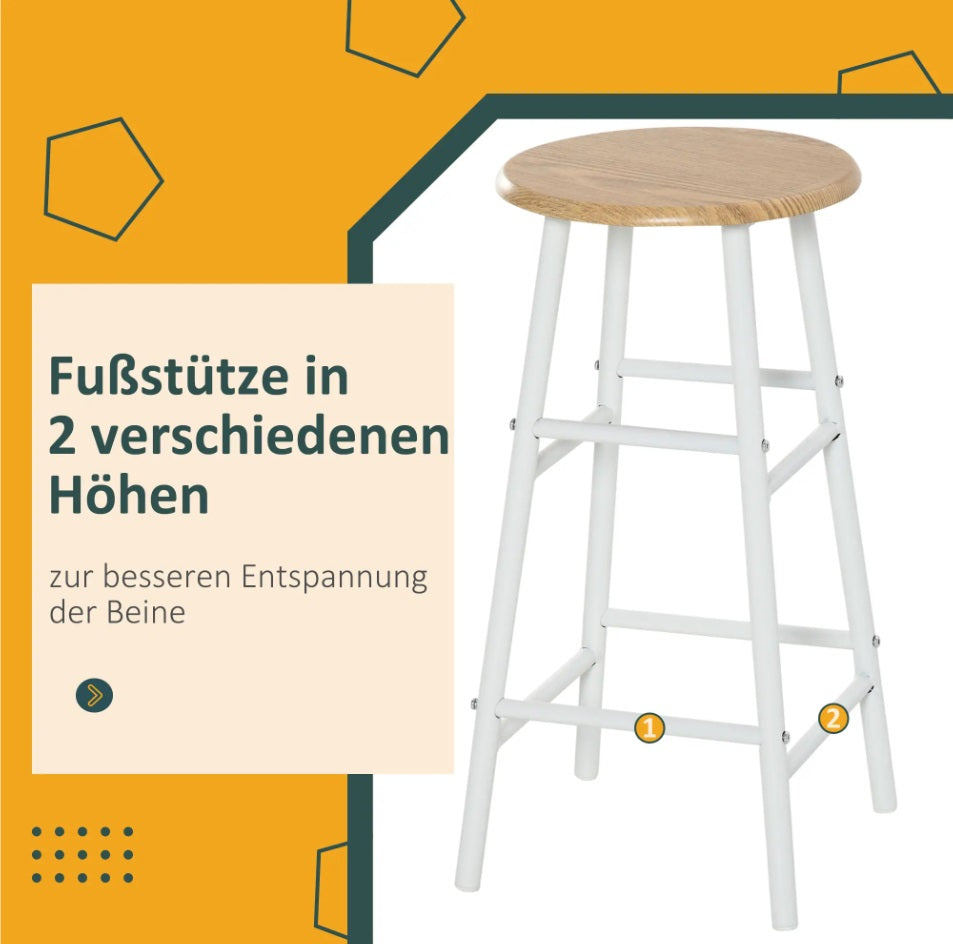 3-teiliges Bartisch-Set Weiß/Eiche – Küchentisch (80x50 cm) mit Lagerregal & 2 Barhockern