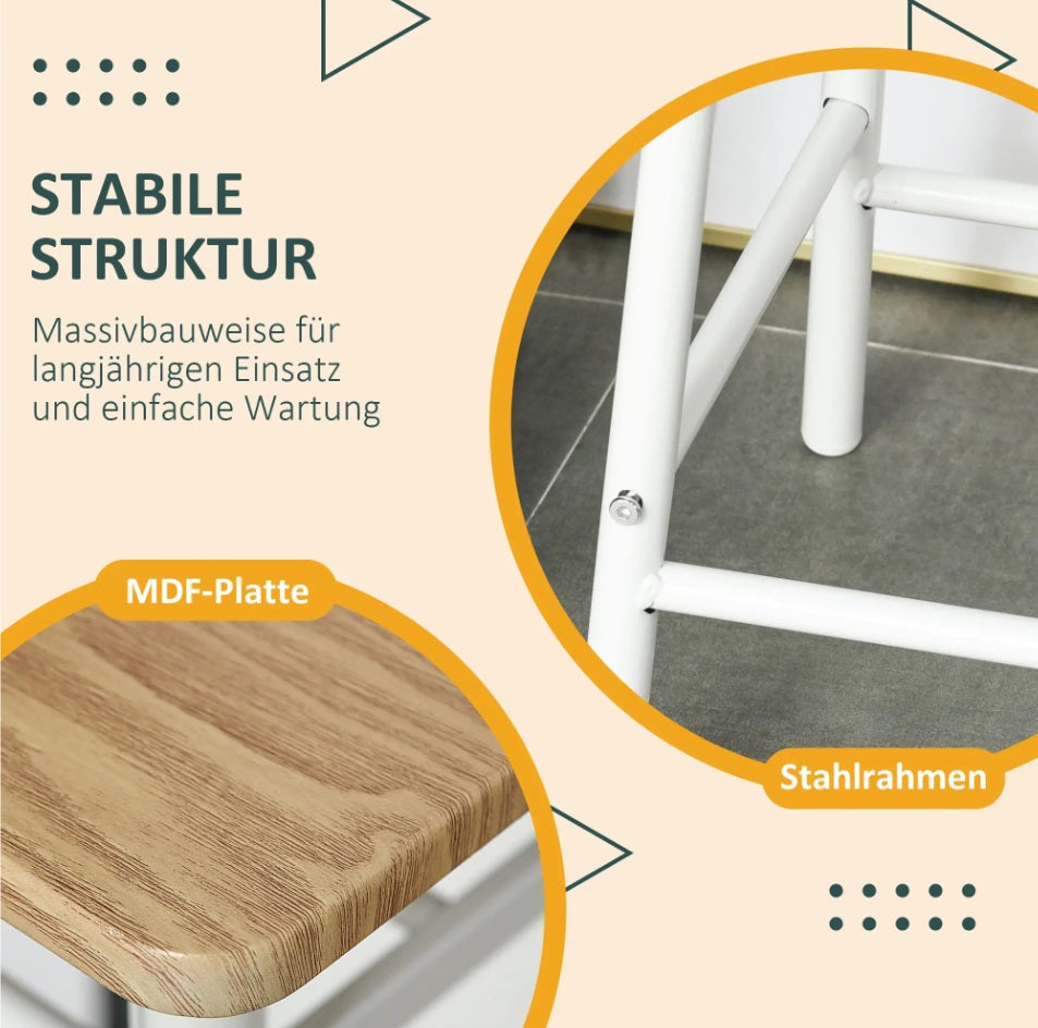 3-teiliges Bartisch-Set Weiß/Eiche – Küchentisch (80x50 cm) mit Lagerregal & 2 Barhockern