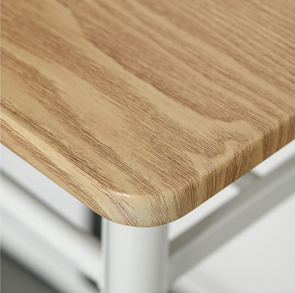 3-teiliges Bartisch-Set Weiß/Eiche – Küchentisch (80x50 cm) mit Lagerregal & 2 Barhockern