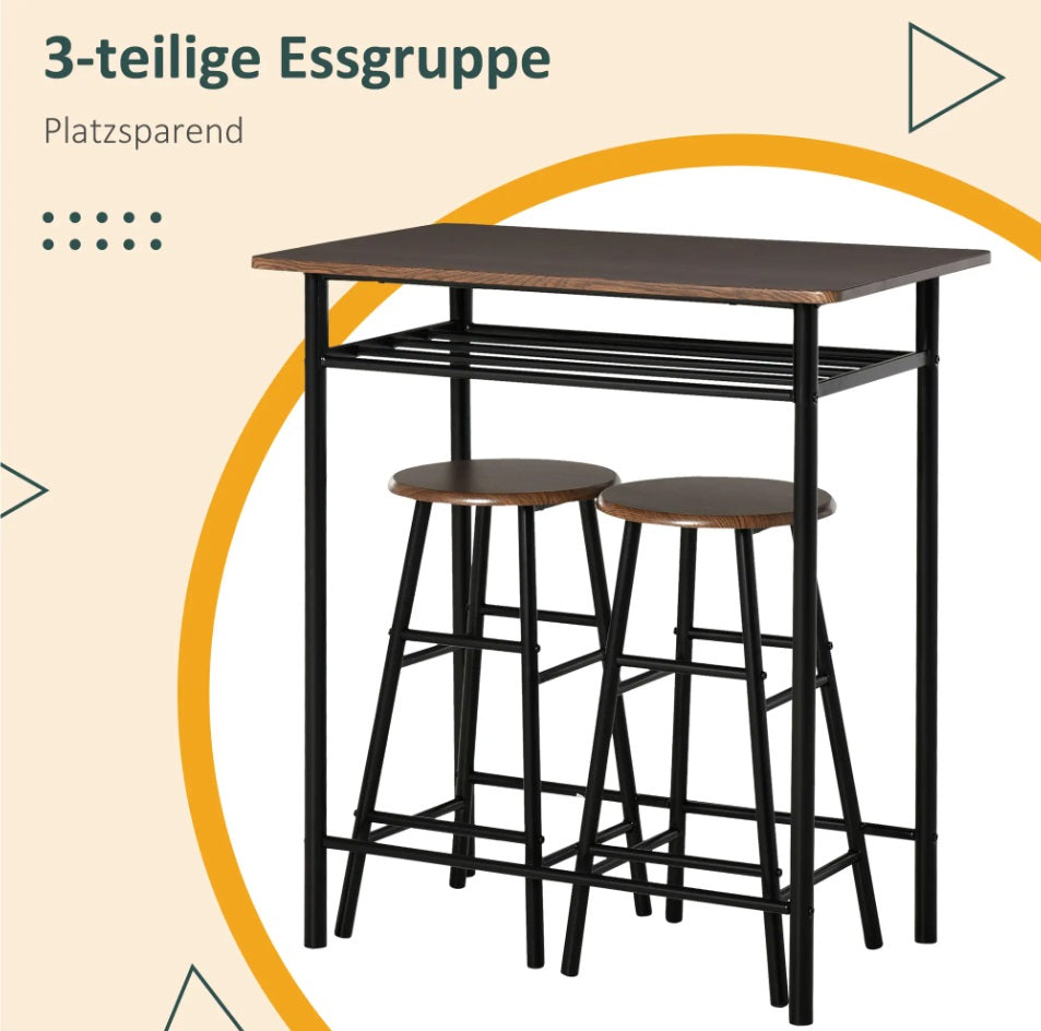 3er Bargarnitur Schwarz/Eiche – Küchentisch (80x50 cm) mit Regal & 2 Barhockern, Industrie-Design