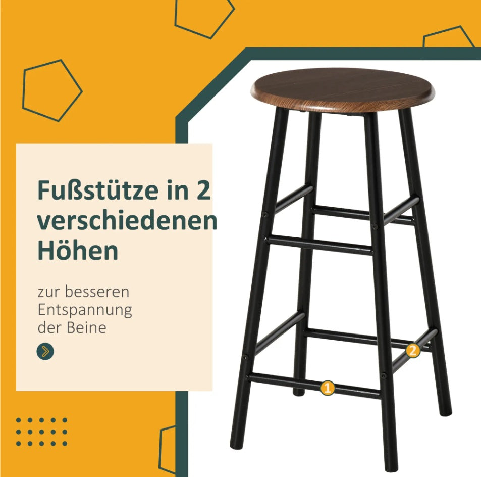 3er Bargarnitur Schwarz/Eiche – Küchentisch (80x50 cm) mit Regal & 2 Barhockern, Industrie-Design