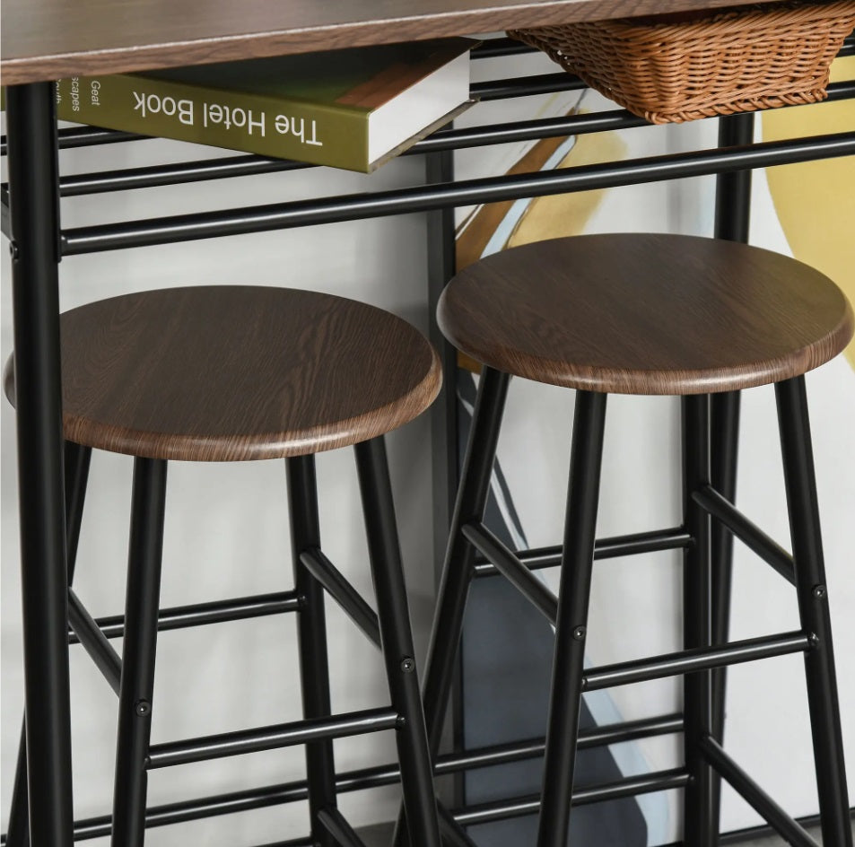 3er Bargarnitur Schwarz/Eiche – Küchentisch (80x50 cm) mit Regal & 2 Barhockern, Industrie-Design