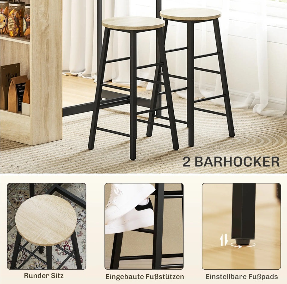 3-teiliges Bartisch-Set Eiche/Schwarz – Tresen mit 3 Verstellbaren Regalen & 2 Hockern
