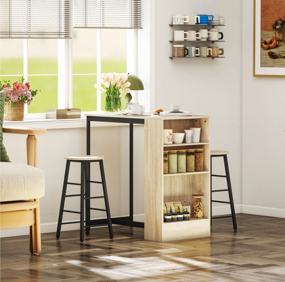 3-teiliges Bartisch-Set Eiche/Schwarz – Tresen mit 3 Verstellbaren Regalen & 2 Hockern