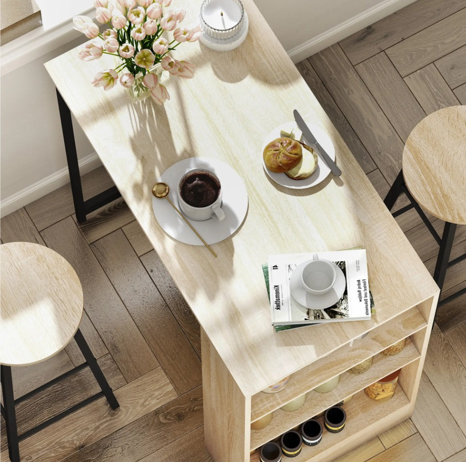 3-teiliges Bartisch-Set Eiche/Schwarz – Tresen mit 3 Verstellbaren Regalen & 2 Hockern