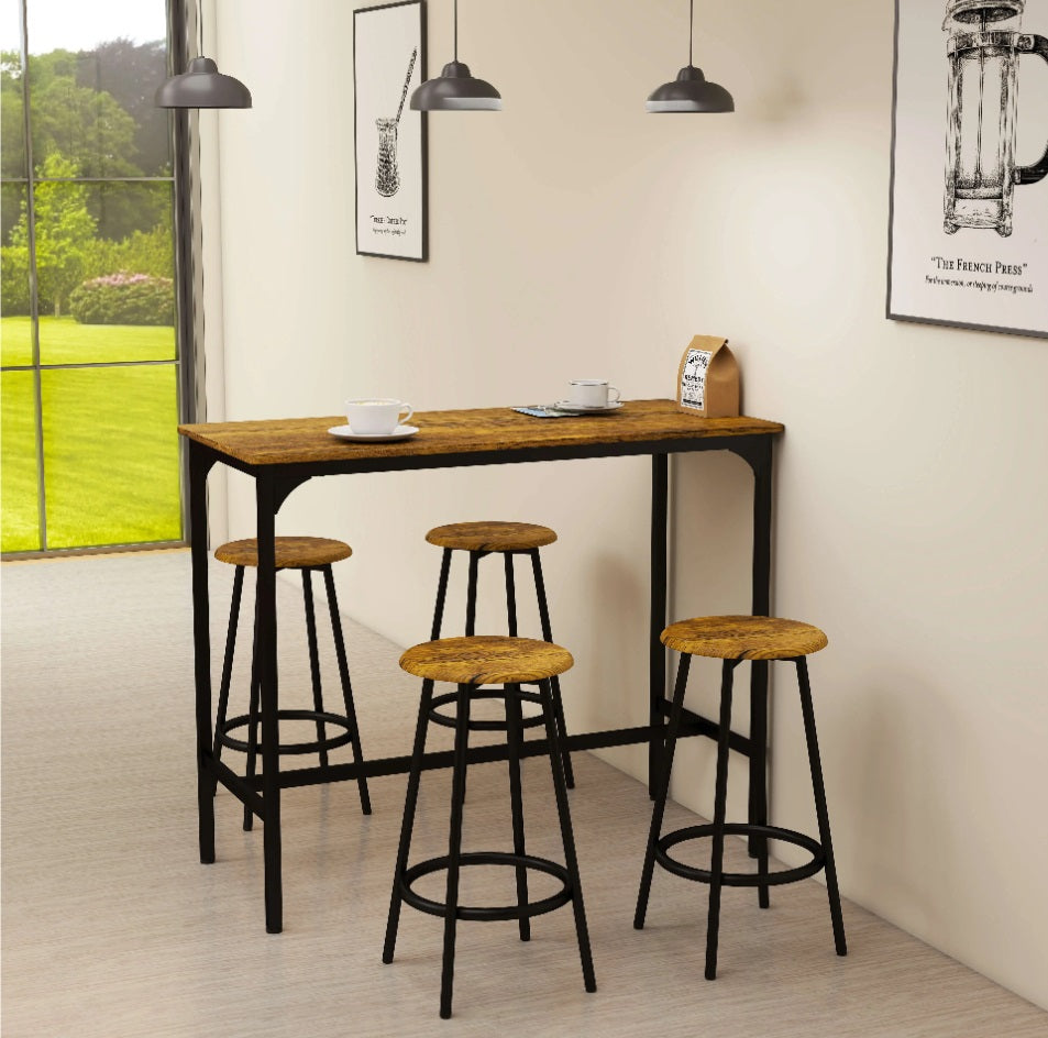 5-tlg. Bartisch-Set Industriedesign – Küchentresen & 4 Barhocker, Rustikal-Braun/Schwarz (110x50 cm)