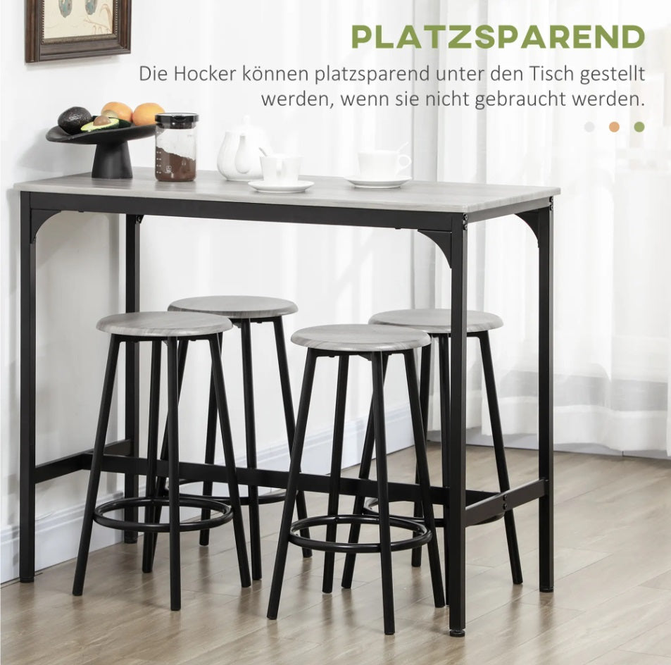5-tlg. Bartisch-Set Industriedesign Grau – Küchentresen & 4 Barhocker (110x50 cm), Kompakt