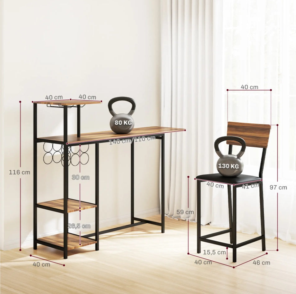 3-teiliges Bartisch-Set Ausziehbar – Tresen mit Weinregal & 2 Gepolsterten Stühlen, Braun